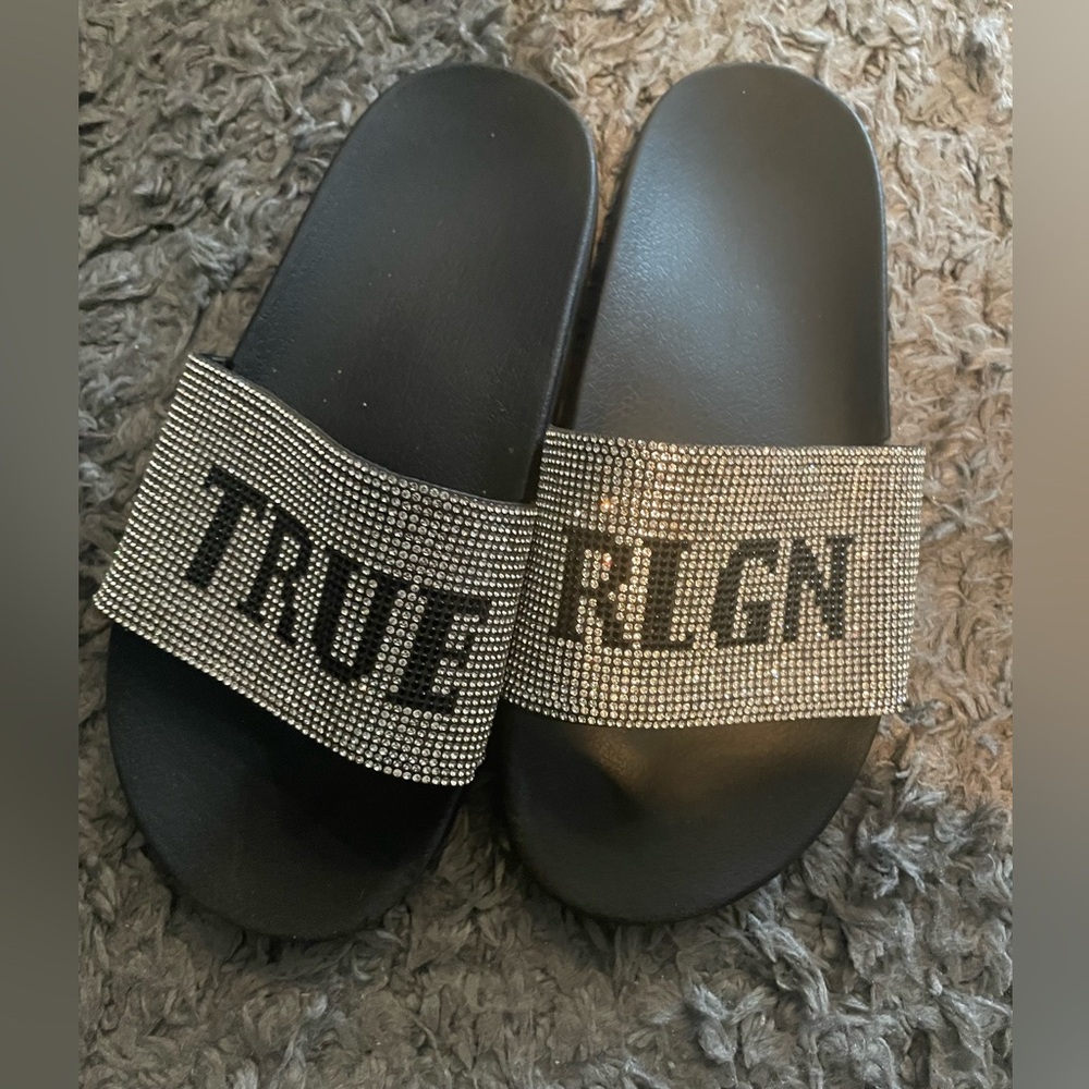 True Religion Black Slides with Rhinestone Accents